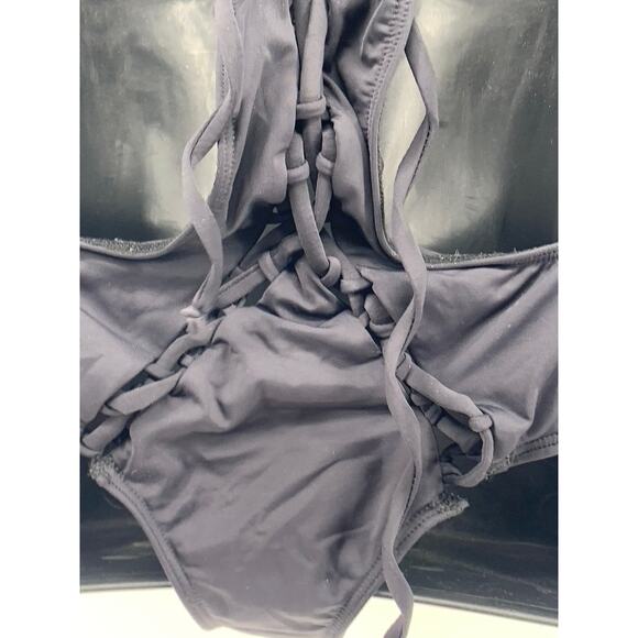 PD Women's Black-Beige Chevron Mesh V-Neck Back Lace-Up One-Piece Leotard SZ XS - Picture 7 of 10